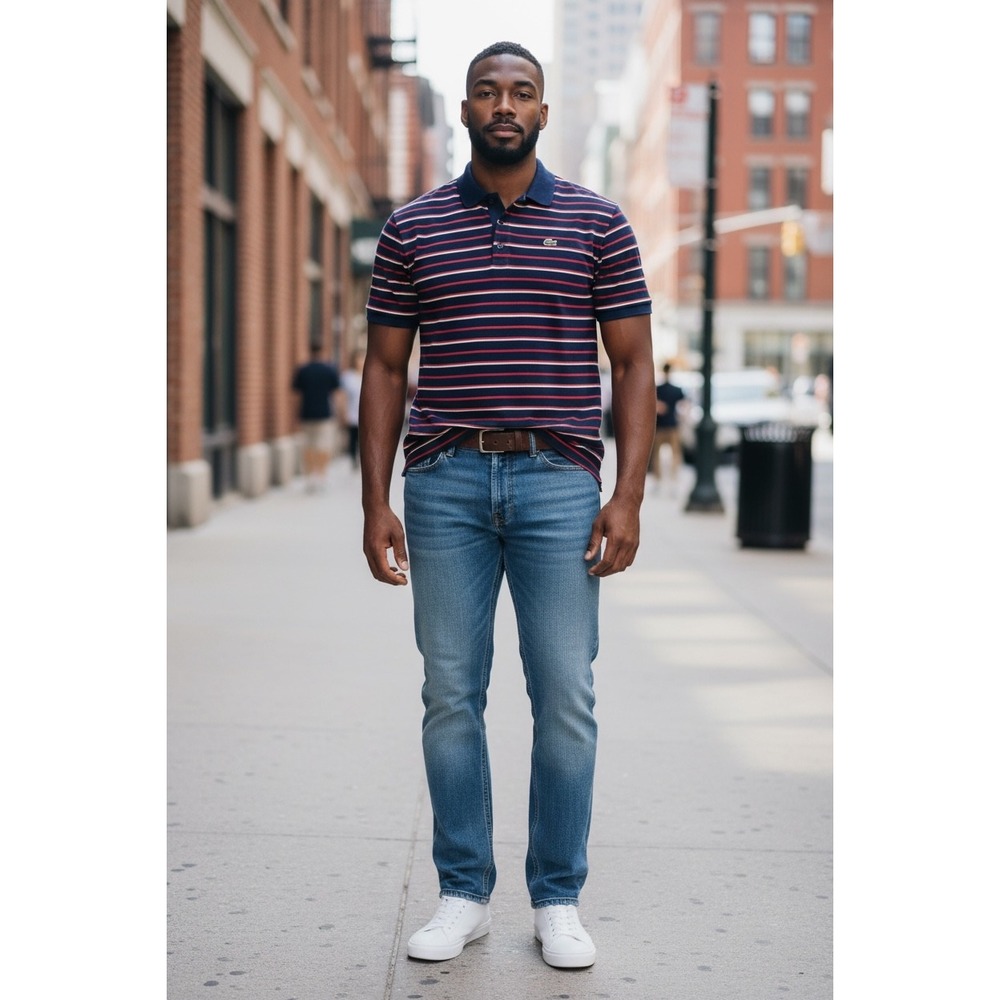 Lacoste Mens Striped Short Sleeve Polo Shirt Blue Red Crocodile Logo‎ Size 8